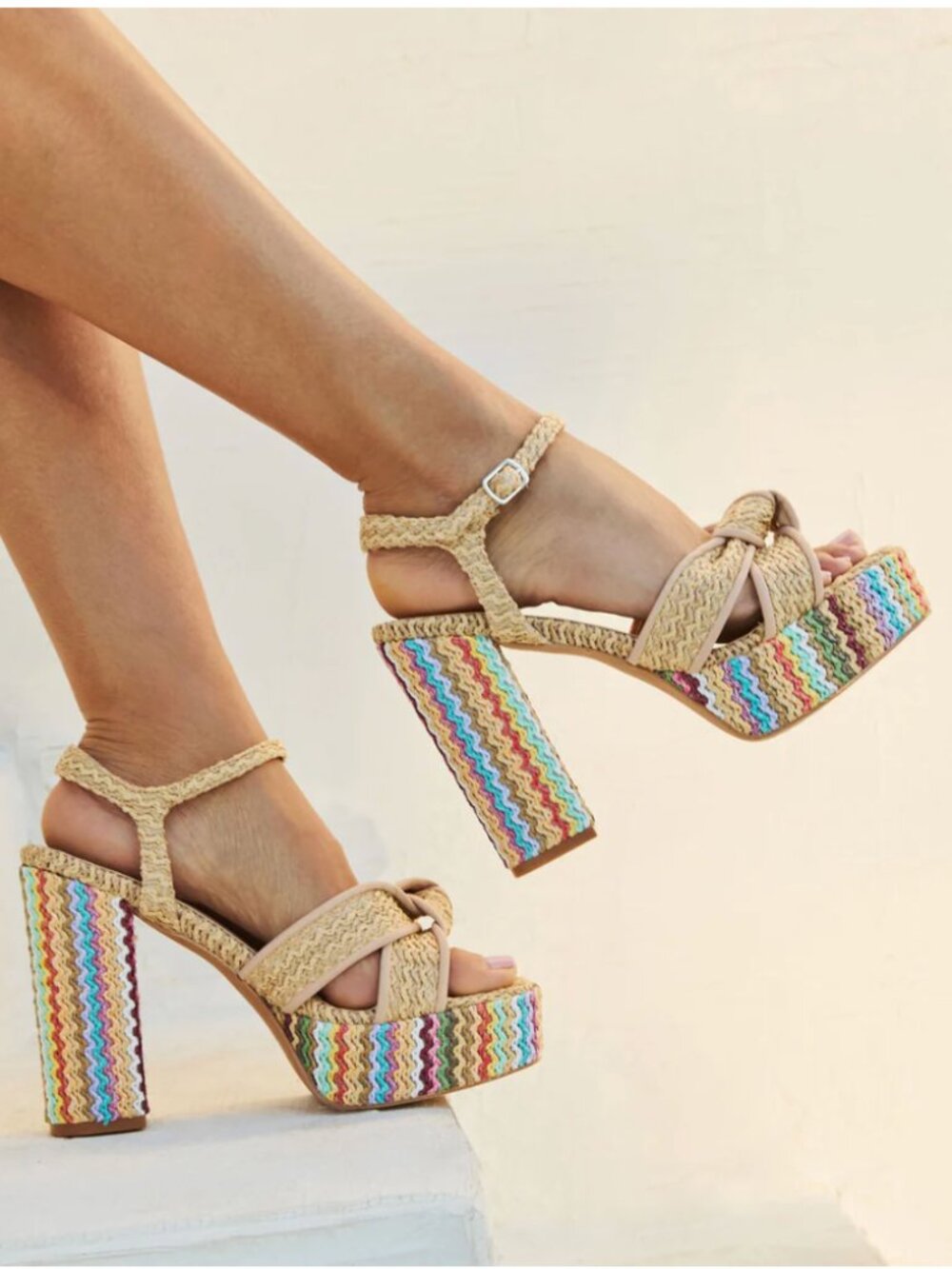 Vacay Vibes Multi Color Embroidered Platform Raffia Heels | Vici